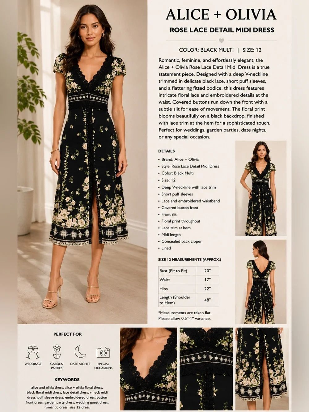 Alice + Olivia Rose Lace Detail Floral Midi Dress Black Size 12